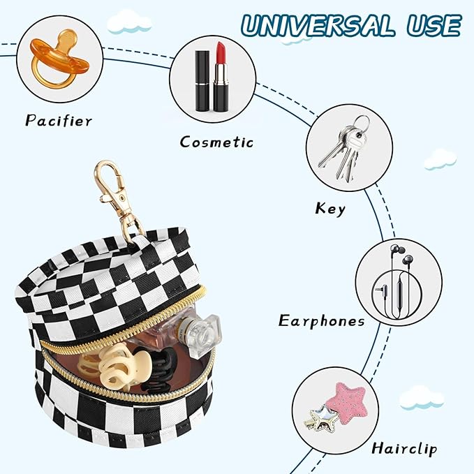 Black Checkerboard Print Pacifier Holder Case for Diaper Bag Portable Travel Pacifier Storage Case with Clip Newborn Baby Pouch for Baby Boys Girls Purse Outdoor