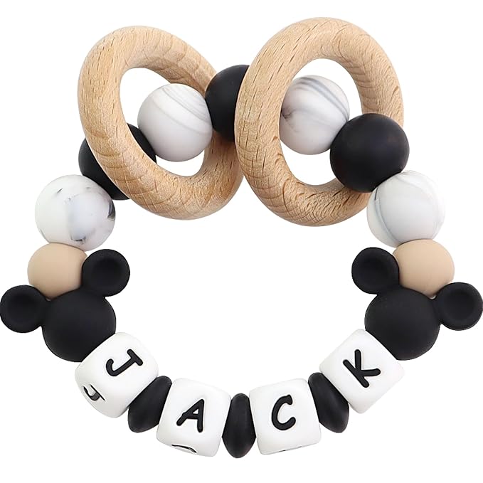 Personalized Baby Teether Rattle with Name - Custom Wooden Teething Toy for Boys & Girls - Handmade Mouse Keepsake Baby Shower Gift (Black)