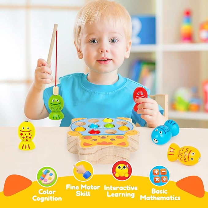 Montessori Magnetic Wooden Fishing Game for Kids 3+, Fine Motor Skills Toys Learning Color Sorting & Hand Eyes Coordination Easter Basket Stuffers for Toddlers Boys Girls