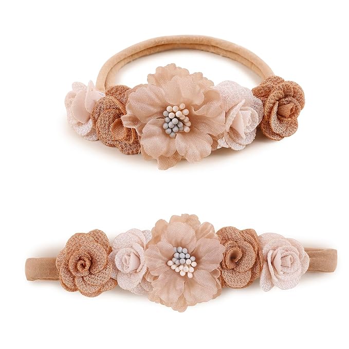Baby Girl Flower Headbands and Bows, Stretchy Soft Nylon Floral Crown, 3pcs Handmade Hair Accessories for Newborn Infant Toddler