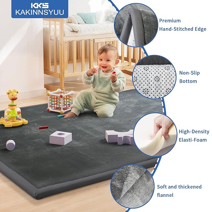 1.3" Thick Large Baby Play Mat 79"x59" - Non-Slip Memory Foam Crawling Mat for Tummy Time, Playpen, Nursery, Living Room, Dark Gray
