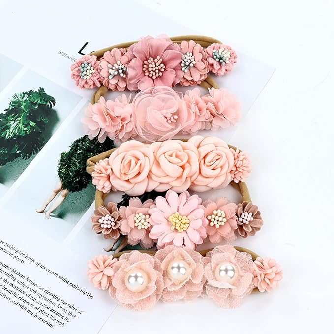 Cinaci 5 Pack Delicate Floral Flower Nylon Headbands Hair Bands Accessories for Baby Girls Newborns Infants Toddlers Kids (5 Pack S10)