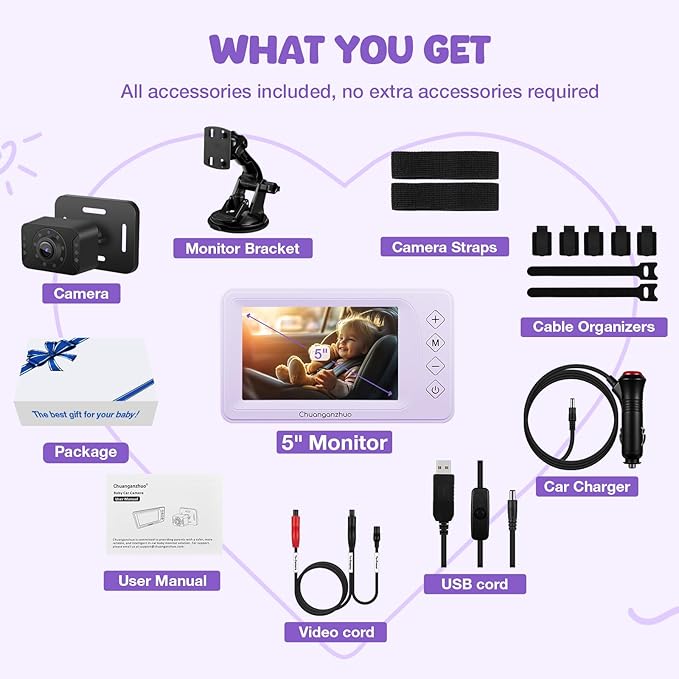 Baby Car Camera with Advanced Crystal-Clear Night Vision, 3X Zoom, USB Powered, 5'' AHD 1080P IPS Car Baby Monitor, Backseat Camera for Kids Infants Rear Facing Mirror, 5inch, Purple