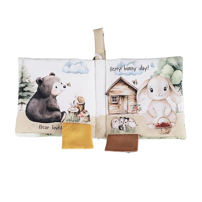 Ali+Oli Baby Cloth Book – Soft Sensory Crinkle Book with Teether for Infants 0-12 Months – Early Learning Touch & Feel Tummy Time Toy – Newborn Shower Gift for Boys & Girls - Forest Friends