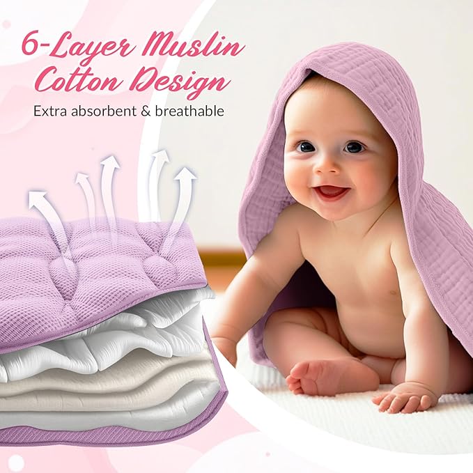 Hahafelt 6 Pcs Muslin Hooded Bath Towels Washcloths and Bibs Set, Muslin Cotton Baby Towels Absorbent Hooded Blanket Towel Infant Bibs for Boys Girls Newborn Infant Essential(White, Pink)