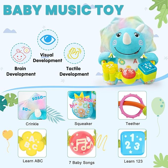 Ryotagift Baby Bilingual Musical Dinosaur Stuffed Animals Toys,Infant Early Learning Toy with Light-Up Music & Crinkle,Tummy Time Toys for 0 3 6 9 12+ Months for Baby Boy Girl Gift