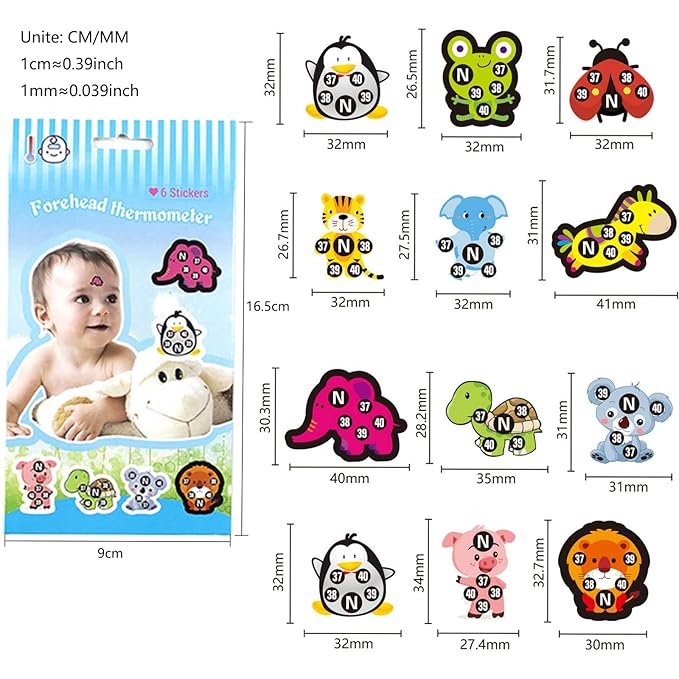 Stick-On Fever Cute Cartoon Forehead Fever Stickers Temperature Fever for Kids Baby Adults Home Supplies Fever Patches Animal Appearance Continuously Fever Temperature Monitoring
