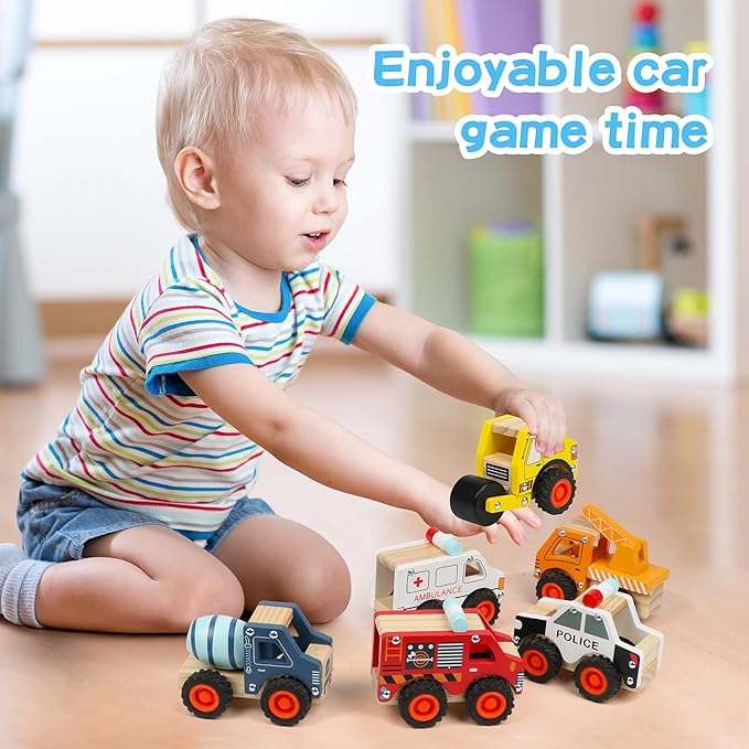 6Pcs Wooden Cars for Toddlers 1-3,Car Toys,Push and Go Vehicle,Kid Vehicle Toys,Hand Push Car Toys for 1+ Year Old,Montessori
