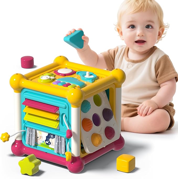 Baby Activity Cube, 6-in-1 Educational Early Development Toy with 4 Sensory Shape Blocks, Music Busy Board, Montessori Toys for 1 2 Year Old, Birthday Gift for 1 Year Old