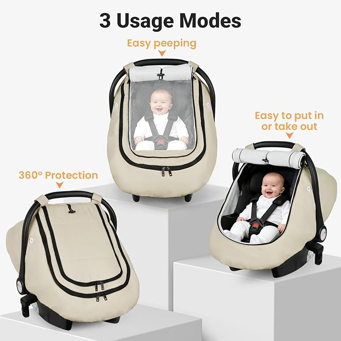 Rquite Car Seat Cover Baby, Winter Carseat Covers Boy Girl, Waterproof Infant Car Seat Cover Warm Car Seat Canopy for Cold Weather, Windproof Baby Carrier/Stroller Cover with 2 Layers Windows, Beige