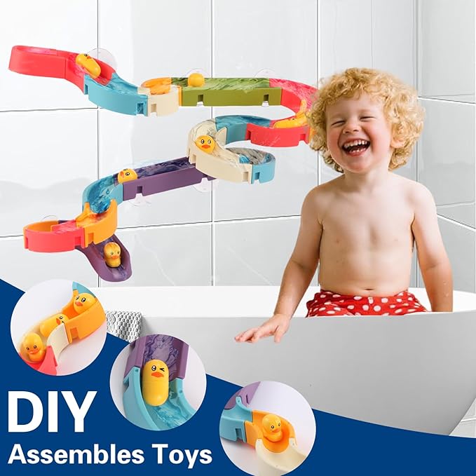 Duck Slide Bath Toys for Kids Ages 4-8, Bathtub Toys DIY Wall Track Building Kit for Toddlers 2-4 3-5, Fun Shower Toys Bathtub Time Birthday Gift for 3+ Years Old Boys and Girls（34PCS）