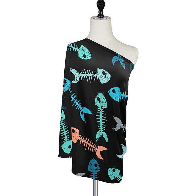 Multicolor Fish Skeleton Bone Skull Tattoo Print On Black Stretchy Baby Car Seat Cover Infant Canopy Nursing Covers Breastfeeding Cover Breathable Windproof Winter Scarf for Boys Girls