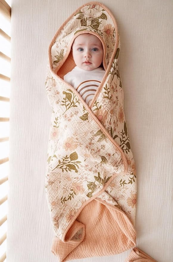Little Jump Muslin Hooded Baby Bath Towels - 2 Pack 100% Cotton Towel for Babies, Infants, Toddlers - 32x32Inch - Highly Absorbent and Newborn Essential (Vintage Blossom)