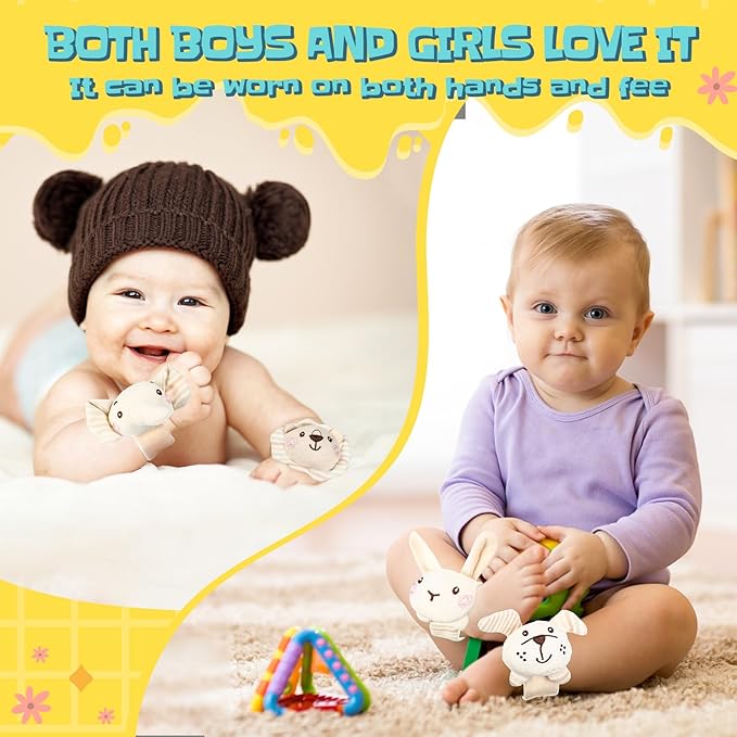 4 Pieces Baby Wrist Rattles Animal Pattern Newborn Rattle Foot Rattles Toy for Babies Boy Girl Infant Birthday Gifts Educational Toys, 4 Designs (Rabbit Dog Lion Elephant)