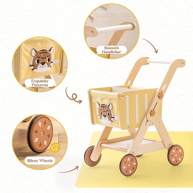 ROBOTIME Baby Walkers for Boys, Wooden Shopping Cart Toy for Toddler Kids, Height-Adjustable Wooden Push Walker, Sit to Stand Walker for Baby Learning to Walk