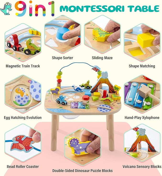Montessori Activity Table for 1 Year Old, 9-in-1 Wooden Activity Table with Adjustable Height, Train, Shape Sorter, Xylophone, Baby Sensory Educational Learning Toys, Birthday Gift (Dinosaur)