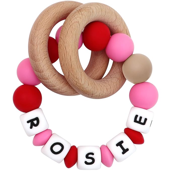 Personalized Teether with Name for Baby, Customizable Teethers with Wooden Teething Rings (Pink)