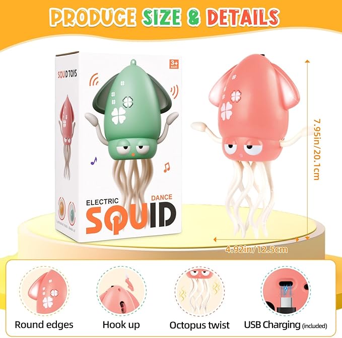 Magic Dancing Octopus Toy, Squid Crawling Toy with LED Light & Music, USB Rechargeable Interactive Baby Toys, Tummy Time Toys for Toddler Boys Girls Birthday (Pink)