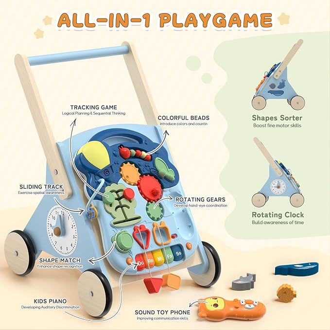 Wiqins Wooden Baby Push Walker, 10-in-1 Baby Walker Toys with Wheels for Toddlers 18 Months, Detachable Montessori Activity Board Toy & Storage for 1 Year Old Boys Girls Learning to Walk