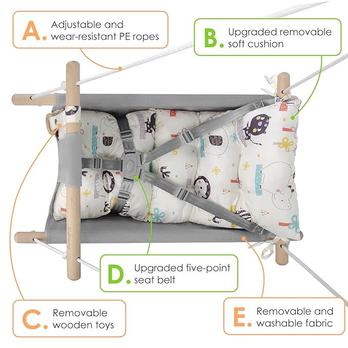 Canvas Baby Swing for Infants to Toddlers,Indoor Outdoor Wooden Hanging Swing Seat with Safety Belt and Mounting Hardware, Suitable for Ages Up to 3,Cute Animal