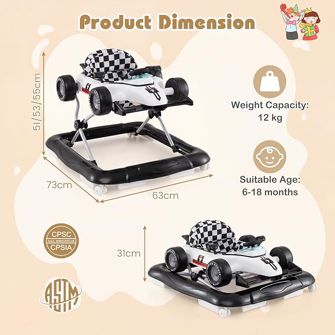 HONEY JOY Baby Walker, 4-in-1 Foldable Infant Activity Push Walker, Toddler Car Walker with Adjustable Heights, Music, Lights, Padded Seat, Baby Walker with Wheels for Boys Girls 6-18 Months (White)