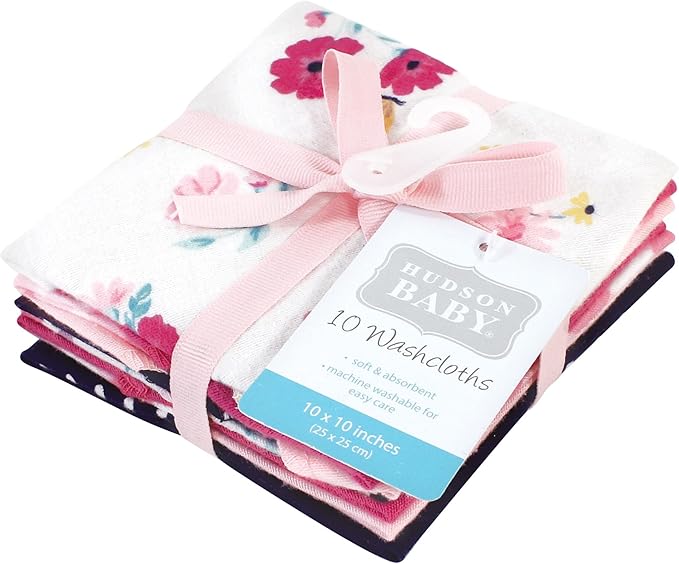 Hudson Baby Unisex Baby Flannel Cotton Washcloths, Butterfly Floral 10 Pack, One Size