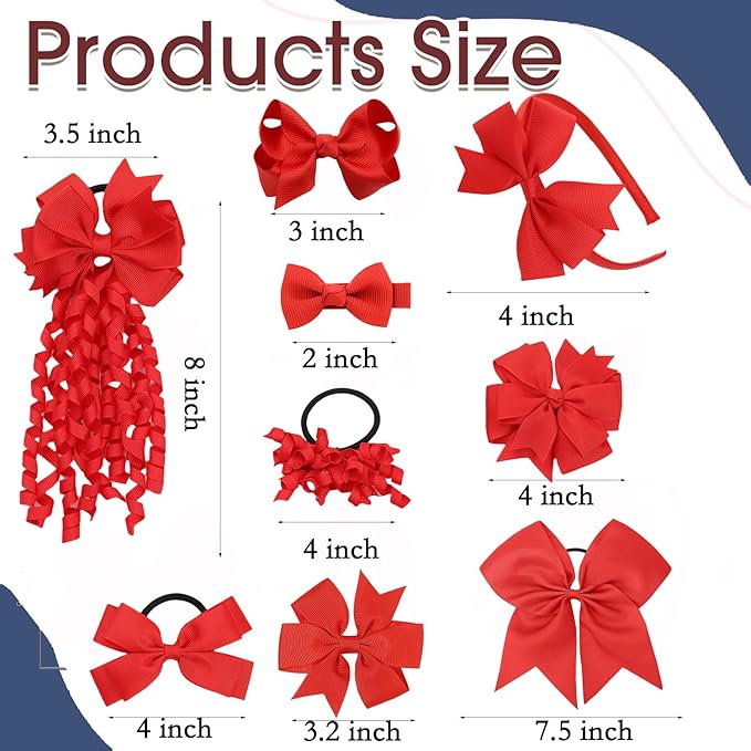 School Hair Accessories Set 14 Pcs Uniform Hair Bow Headband Clips Hair Ties Curly Korker Bows for Little Toddler School Girls (Red)