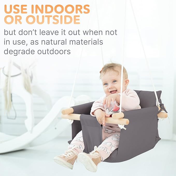 CaTeam - Canvas Baby Swing, Wooden Hanging Swing Seat Chair with Safety Belt, Durable Baby Swing Chair, Outdoor and Indoor Swing for Kids, Mounting Hardware Included, Dark Gray
