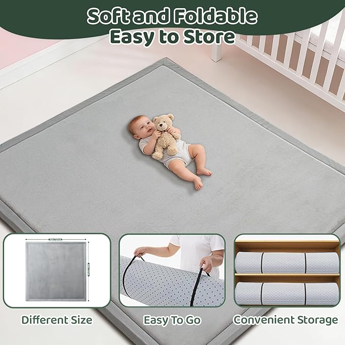 Baby Play Mat for Floor, 1.3 Inch Thick Memory Foam Tummy Time Mat with Non Slip Backing, Soft Coral Velvet 59X71 Inch Playpen Mat Crawling Tatami for Infants Toddlers Kids, Light Grey