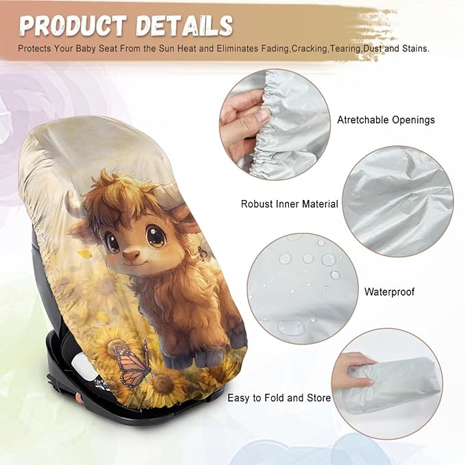 XYZCANDO Highland Cow Baby Car Seat Cover for Travel Cute Carseat Covers Baby Washable Infant Car Seat Protector Replacement Car Seat Sun Cover for Baby Soft Baby Travel Accessories