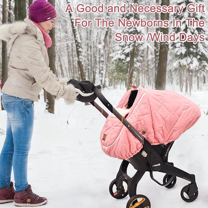 Winter Carseat Cover for Baby，Waterproof Baby Car Seat Cover Compatible with Doona Car Seat and Stroller，Cold Weather Warm Car Seat Covers for Babies, Keeps Babies Warm and Cozy (Pink)