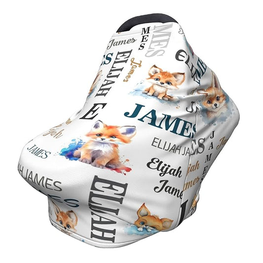 Personalized Baby Car Seat Covers for Babies, Custom Fox Nursing Breastfeeding Carseat Canopy with Name, Infant Stroller Covers for Newborn Girls Boys, Breathable Carseat Cover
