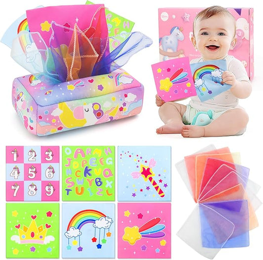 usrela Baby Toys 6 to 12 Months - Tissue Box Toy, Tissue Learning Toys with Alphabet Number Color Sound, Baby Sensory Toy Gifts for 6 9 12 18 Months Old