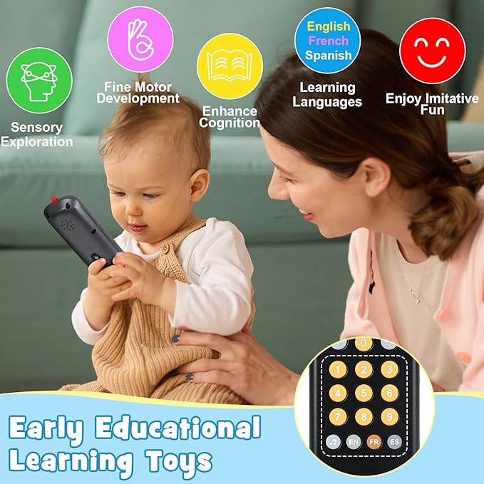 Baby TV Remote Control Toy for 6 Months+, Play Remote Musical Toys with Sound and Light, Early Development Toys with 3 Language English/French/Spanish for Toddlers 6 12 18 Month, BPA Free