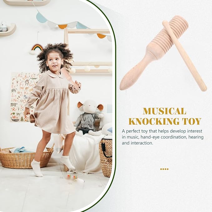 Kisangel Wood Guiro Instrument, Percussion Tone Block with Rhythm Sticks, Educational Musical Instruments Craft for Preschool Wooden Baby Toys