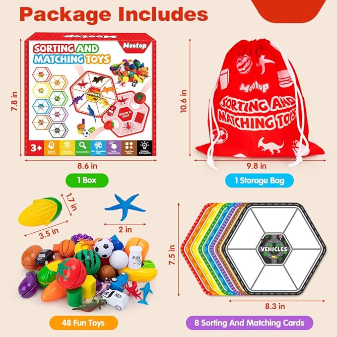 Sorting Toys for Toddlers, 48 Toys Sorting Matching Playset Sensory Toys for Kids, Match Card Sort Game Set with Storage Bag, Multiple Theme Box Preschool Educational Learning Fine Motor Skills Games