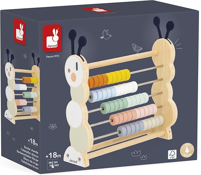 Janod - Wooden Learning Abacus - 50 Coloured Beads - Early Learning Toy - FSC Certified Wood and Water Paint - Develop Fine Motor Skills - From 18 Months - J04014