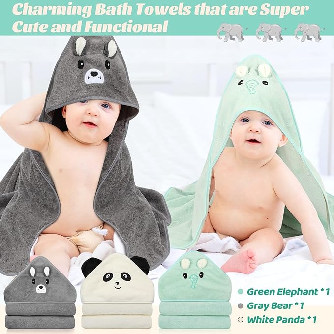 Sublaga 12 PCS Baby Towels, 3 PCS Soft Hooded Baby Towels & 9 PCS Washcloths, Baby Bath Towels for Newborns, Infants & Toddlers- Ultra Absorbent, Cute Baby Towel Gift for Boys & Girls