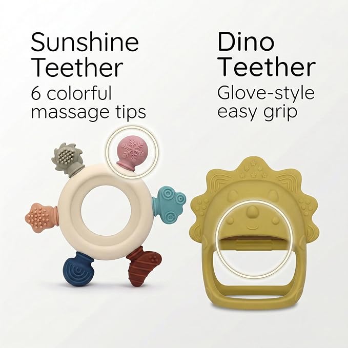 Baby Teething Toys 2 Pack, Dinosaur Mitten Teether and Ring Sun Teether with 6 Chewing Points, Silicone Chew Toys for Infants 0-6 6-12 Months, BPA Free Soothing Gum Relief Set (Yellow)