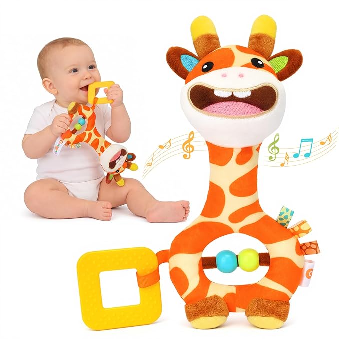 Baby Toy 0-12 Months - BPA-Free Soft Plush Sensory Toy with Gentle Squeaker, Safe Hand Grip & Teething Relief, Portable Newborn Toy for Diaper Bag, Baby Shower Gift (Orange Giraffe)