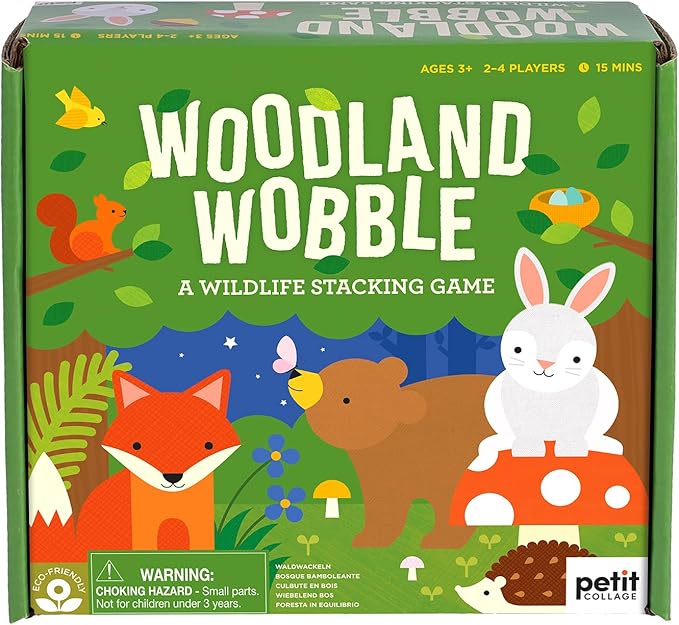 Petit Collage: Woodland Wobble | Wooden Stacking Game for Kids | Roll The Die and Stack The Objects on The Mushroom | Don't let The Tower Fall!| Great for Ages 4+