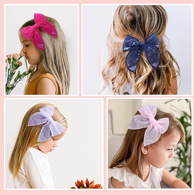 6 PCS Tulle Hair Bows for Girls, CN Toddler Bows with Glitter Star Alligator, Colorful Hair Barrettes Wedding Hair Accessories for Baby Girls Infants Toddler Teens Party (Type B)