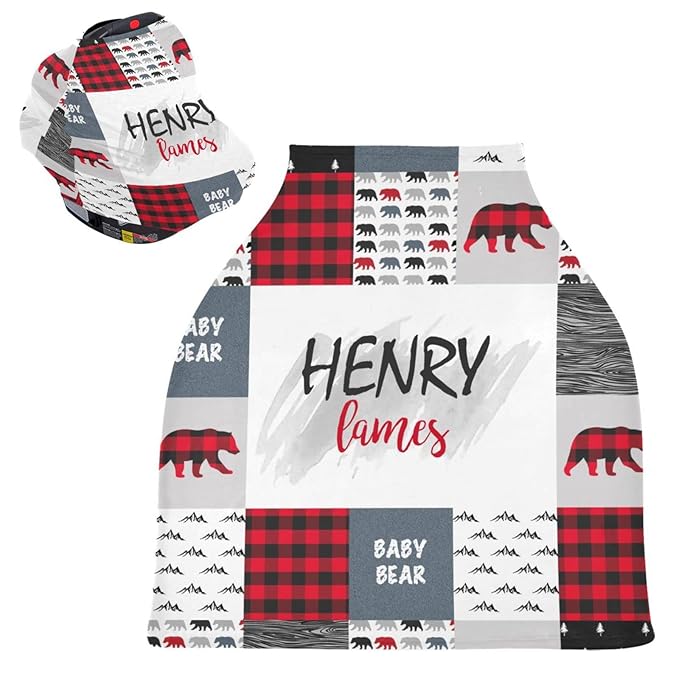 Personalized Baby Car Seat Covers with Name, Custom Woodland Bear Nursing Cover Breastfeeding Scarf for Babies, Carseat Canopy for Boys Girls, Infant Stroller Cover, Multiuse Carseat Cover