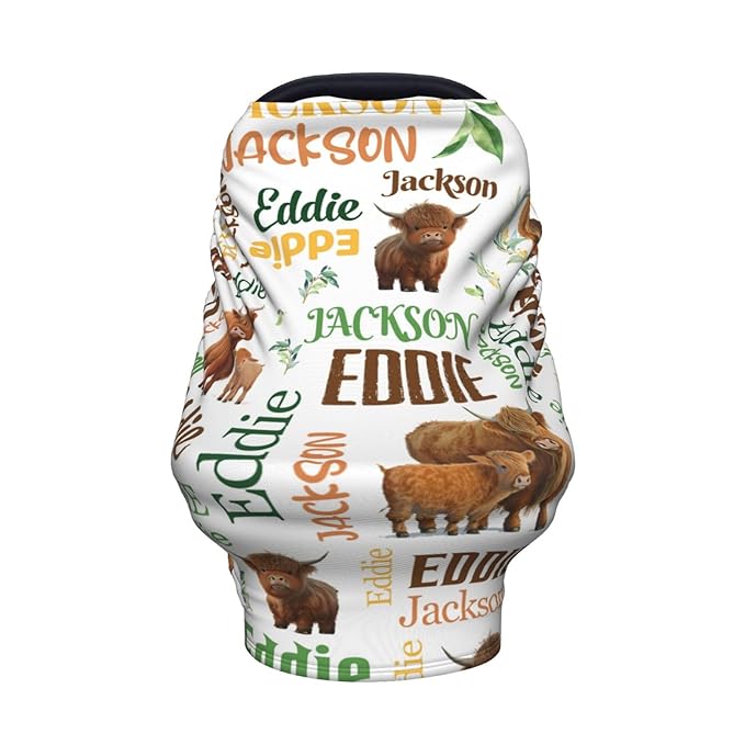 Personalized Baby Car Seat Cover for Boys Girls, Custom High Land Cow Nursing Covers for Breastfeeding with Name, Infant Stroller Cover, Baby Carseat Canopy for Newborn, Multiuse Car Seat Canopies