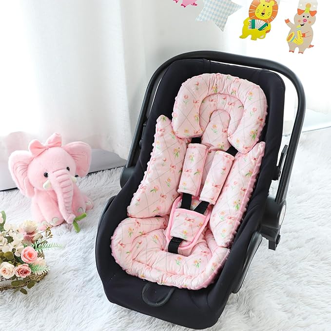 Infant Car Seat Insert with 3 Strap Covers, Soft Car Seat Head Support for Baby Girls, Plush Fabric Newborn Insert for carseat, Strollers, Swings, Bouncer, Flower Bow