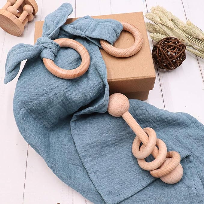 Baby Lovey, Wood Rattle, Teether Ring, 3 Pack Montessori Gift, Navy Blue, Cotton, Double Gauze, Baby Shower, Gender Neutral Gift