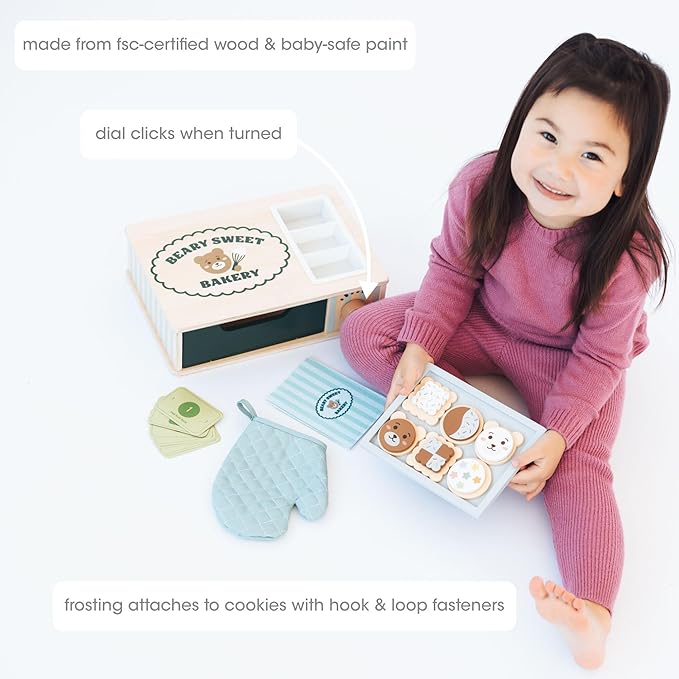 Pearhead Wooden Bakery Montessori Pretend Play Toy Set, 25-Piece Play Food Toy Oven and Cookie Baking Set Developmental Learning Toys, Kitchen Playset for Toddlers Girls and Boys Ages 3+ Years