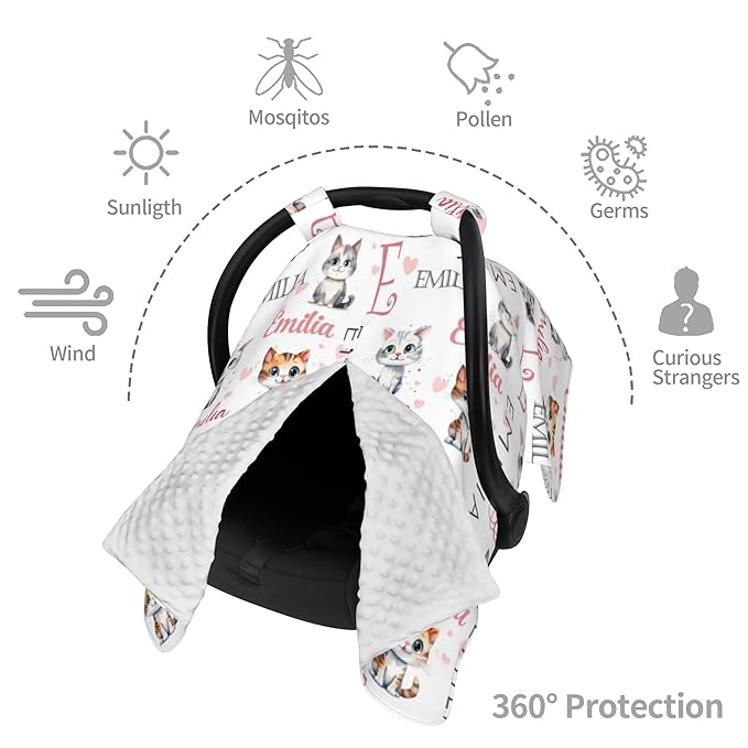 Custom Baby Car Seat Canopy Personalized Car Seat Covers with Name for Baby Boys Girls Customized Cat Nursing Breastfeeding Cover Infant Carseat Canopies Newborn Minky Baby Blanket