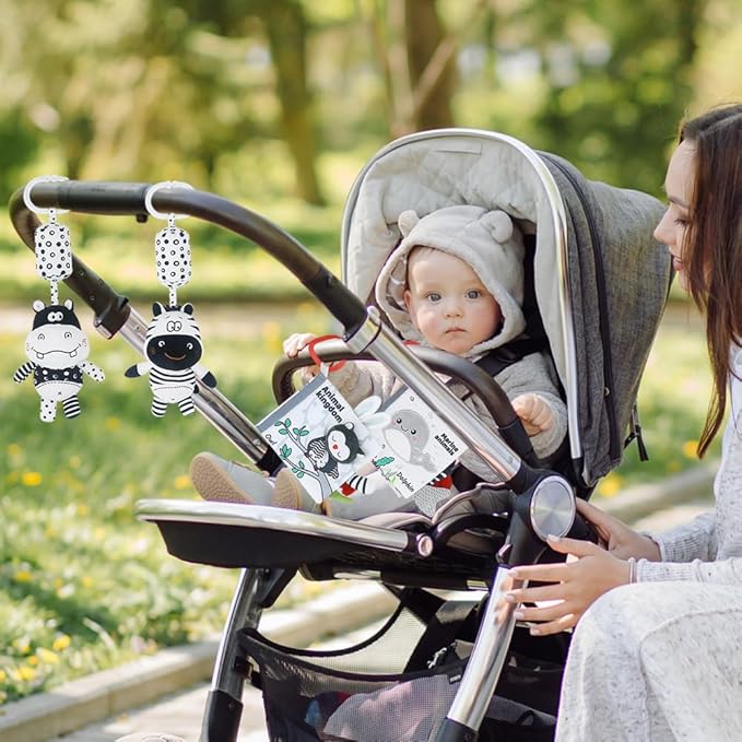 Baby Hanging Rattle Toys, Black and White High Contrast Baby Toys, Stroller Mobile Toy with Soft Plush Animal Rattles and Soothing Sounds, 4 Pack (Animal)