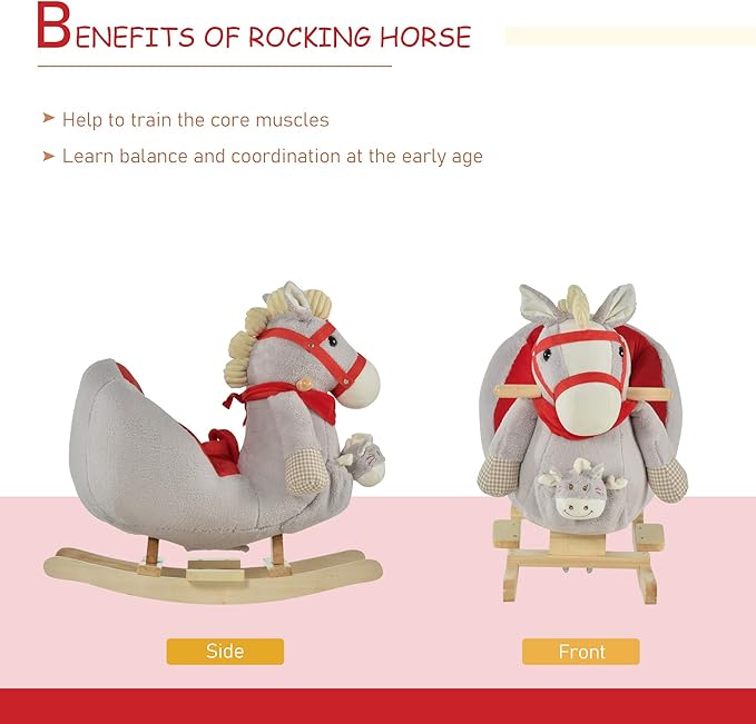 Qaba Kids Ride-On Rocking Horse Toy, Rocker with Lullaby Song, Hand Puppets & Soft Plush Fabric for Children 18-36 Months, Gray